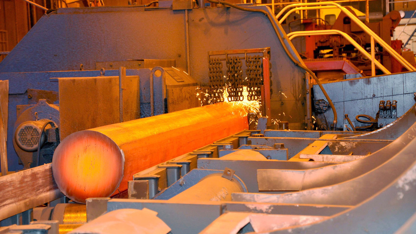 Hot steel baron a conveyer belt at Scot Forge, Clinton manufacturing plant.