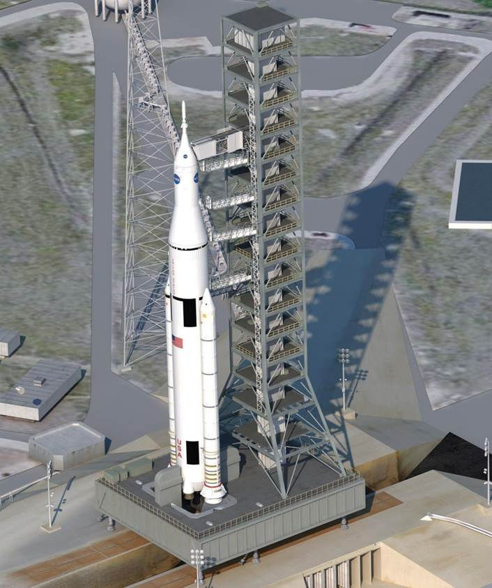 NASA Space Launch System on mobile launching platform.